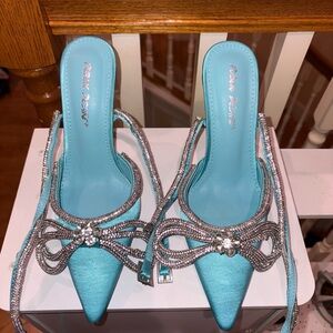 Public Desire blue Satin Rhinestone Heels (ankle wrap around) (comes with box)